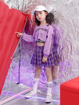 Laste Spordi Sobib Puuvillast Riided korea Fashion Hip-Hop Streetwear Teismeliste Tüdrukute Lilla Hupparit Dressipluus + Ruuduline Seelik