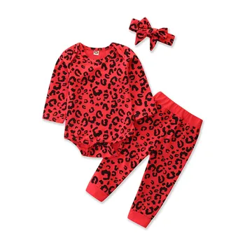Lastele, Beebi riided, tüdruk sügis fashion pikkade varrukatega leopard printida bodysuits+püksid+müts väikelapse riided komplekti 3tk 3-24 M
