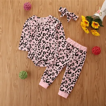 Lastele, Beebi riided, tüdruk sügis fashion pikkade varrukatega leopard printida bodysuits+püksid+müts väikelapse riided komplekti 3tk 3-24 M