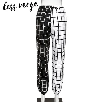 Lessverge Mood Vintage Checkboard Segast Harajuku Naine Püksid Elastics Kõrge Vöökoht Püksid Ruuduline Põhjuslik Sirge Pant