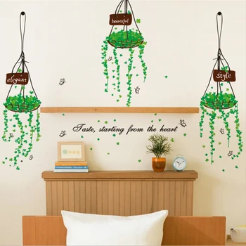 Lihtne stiil roheline taim ripub korvi seina kleebised akna kleebised moodsa kunsti murals kauplus klaas uksed ja aknad kleebised