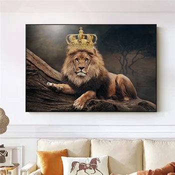 Lion King Royal Crown Lõuend Trükib Seina Art Plakatid Ja Pildid Aafrika Loomade Naljakas Lõvi Maali Pilt Elutuba