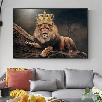 Lion King Royal Crown Lõuend Trükib Seina Art Plakatid Ja Pildid Aafrika Loomade Naljakas Lõvi Maali Pilt Elutuba