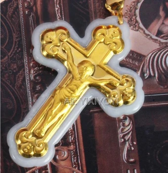 Looduslik Valge A-Klassi Featured Jade + 18K Kullast Inkrusteeritud Jeesuse Risti Õnnelik Amulett Ripats + Vaba Kaelakee Ehted Sertifikaat