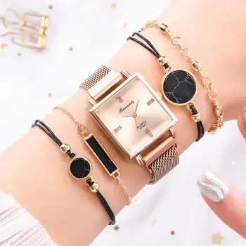 Luksus 5tk Naiste Watch Set Magnet Rhinestone Square Vaadata Kvarts Käekell Käevõru Mood Daamid Naiste Kell Reloj Mujer