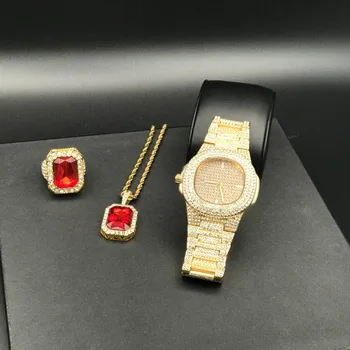 Luksus Mehed Kulla Värvi Watch & Ring & Kaelakee Combo Watch Set Crystal Miami Jewerly Kaelakee Keti Jää Välja Kuuba Hip-Hop Meestele