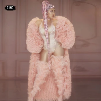 Luksuslik suur mantel bodysuit säärised roosa sulg seksikas kive sünnipäeva varustus naiste disainer drag queen etapp riided