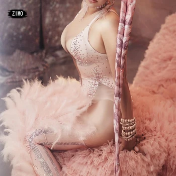 Luksuslik suur mantel bodysuit säärised roosa sulg seksikas kive sünnipäeva varustus naiste disainer drag queen etapp riided