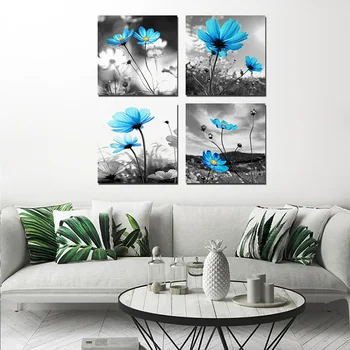 Lõuend Maali 4 Tükki Sinine Lill, Must ja Valge Taust Seina Art Plakatid ja Pildid Seina Pilte Home Decor