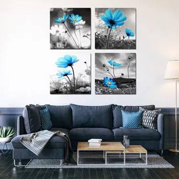Lõuend Maali 4 Tükki Sinine Lill, Must ja Valge Taust Seina Art Plakatid ja Pildid Seina Pilte Home Decor