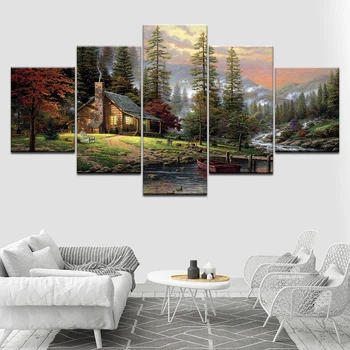 Lõuend Maali Seina Art kodu Kaunistamiseks 5 Paneel, Mägi, Jõgi, Puu Modulaarne Pilte metsamaastik HD Trükkimine õlimaali