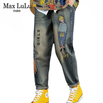 Max LuLu Sügisel Korea Fashion Sügisel Daamid Punk Streetwear Naiste Tikandid Ripitud Teksad Vintage Naine Trükitud Haaremi Püksid