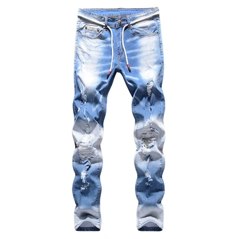 Meeste helesinine Augud Ripitud Stretch Denim Teksad Streetwear Slim Kõhn Hävitatud Püksid Püksid