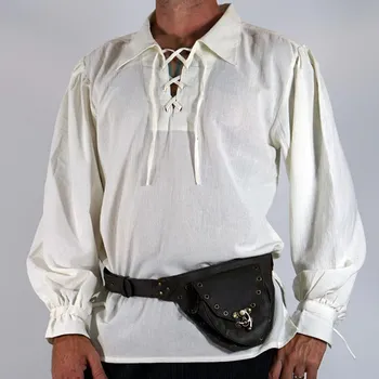 Meeste Keskaja Renessansi Viking Cosplay Kostüüm Top-Tuunika Tudor Nöörimine Stand Up Krae Sidemega Must Valge Highlander Särk