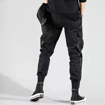 Meeste Küljel Taskud Haaremi Püksid 2021 Sügisel Hip-Hop Vabaaja Lindid Disain Mees Joggers Püksid Fashion Streetwear Pant Must