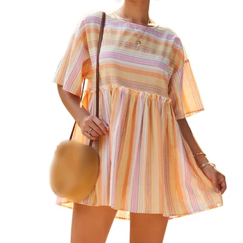 Mini Triibuline Kleit Naiste Suvel Triibuline Kleit Feshion Cansual Õmblemine Ümber Kaela Lühikese Varrukaga Kleit Beach Kleit