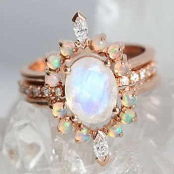 Mood Peen Rose Gold Ring Valge Opaal Värvikas Tsirkoon Ringi Ilus Pruudi Kaasamine Pulm Ehteid