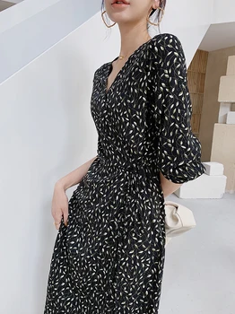 Must lilleline kleit 2020. aasta uus mood elegantne kõrge vöökoht V kaela puhvis varrukad prantsuse vintage kleidid vestidos de fiesta