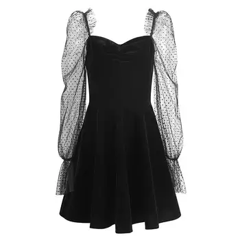 Must Vintage Riideid Kevadel Daamid Pikk Sifonki Kleit Uus Korea Fashion Lace Must Naiste Kleit Pikk Varrukas Plisseeritud Kleit