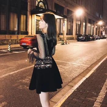 Must Vintage Riideid Kevadel Daamid Pikk Sifonki Kleit Uus Korea Fashion Lace Must Naiste Kleit Pikk Varrukas Plisseeritud Kleit