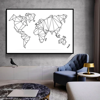 Musta ja Valge Maailma Kaart Abstraktne Lõuend Kunsti Pildi Printimine Lõuendile Maali Geomeetriline Kaart Lõuendile Maali Kodu Kaunistamiseks