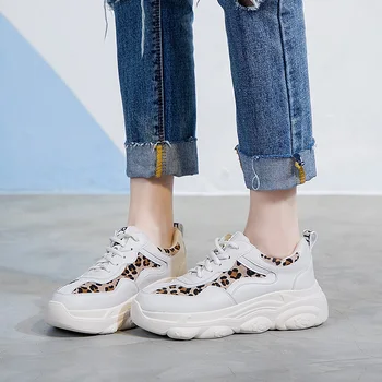 Nahast Tossud Platvorm kingad Hingav Leopard naiste kingad põhi-2020. aasta Sügisel Valged Vabaaja Jalatsid naine, väike suurus 32 33 34