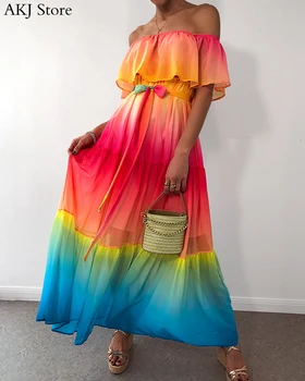 Naiste Elegantne Ametliku Kleit Maxi Kleit Stiilne Naiste Pikk Pool Kleit Maha Õla Gradient Värvi Ruffles Maxi Kleit