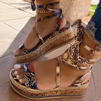 Naiste kiilu Sandaalid Suvel Madu kingad Etnilise Printida Moe Vabaaja jalatsid Lace Up Kingad naine Beach Pluss Suurus jalanõud Sandaalid