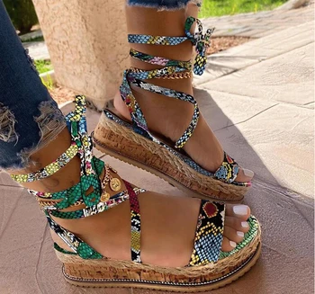 Naiste kiilu Sandaalid Suvel Madu kingad Etnilise Printida Moe Vabaaja jalatsid Lace Up Kingad naine Beach Pluss Suurus jalanõud Sandaalid
