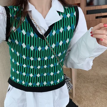 Naiste Kootud Kampsun Vest Kevad 2020 korea Stiilis Vintage Argyle Ruuduline Pullover Käisteta Vest Roheline vest tõmba T451