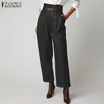 Naiste Lai Jalg Püksid ZANZEA 2021 Elegantne Faux Nahast Püksid Casual-Nupp Zip Long Pantalon Naiste Must Pluss Suurus Naeris