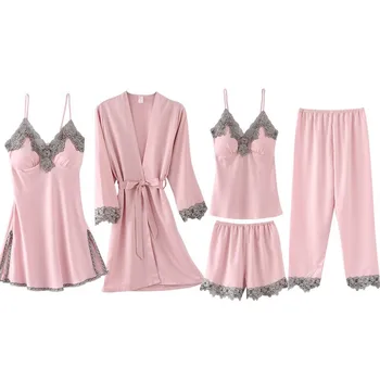 Naiste Pidžaama Komplekt 2020. Aasta Suvel Sügisel Kevadel Lounge 5 Tk Sleepwear Set Silk Elegantsed Püksid Varruka Ülemine Elastne Vöökoht Püksid Komplekt
