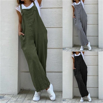 Naiste Suspender Sipukad Tunked 2020 Vintage Jumpsuits Playsuits Pikk Taskud Lai Jalg Püksid Combinaison Mõõdus