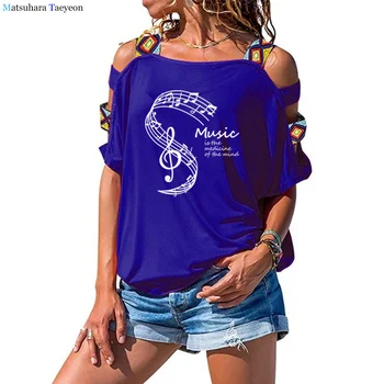 Naiste T-Särk Suvel Muusika On Meditsiin Meeles Prindi Tshirt Vabaaja Puuvillane T-särk Femme Tshirs Õõnes Välja Õlg