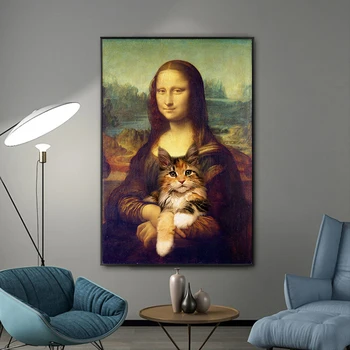 Naljakas Kunst Mona Lisa Kellel On Kass Lõuend Maalid Seina Art Plakatid ja Pildid Da Vinci Kuulsa Kunsti Pildid elutuba