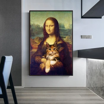 Naljakas Kunst Mona Lisa Kellel On Kass Lõuend Maalid Seina Art Plakatid ja Pildid Da Vinci Kuulsa Kunsti Pildid elutuba