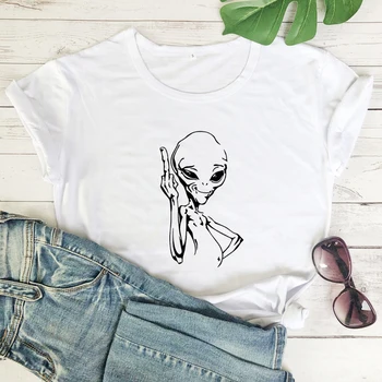 Naljakas Välismaalase Keskmise Sõrme T-särk Hirmutav Naiste Kosmoses Graafiline Tee Särk Top Trendikas UFO Väljavalitu Kingitus Tshirt Camiseta