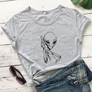 Naljakas Välismaalase Keskmise Sõrme T-särk Hirmutav Naiste Kosmoses Graafiline Tee Särk Top Trendikas UFO Väljavalitu Kingitus Tshirt Camiseta