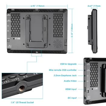 Neewer F100 7-tolline 1280x800 IPS Ekraan, Kaamera Valdkonnas Monitor Komplekt: Toetab 4k sisend Laetav 2600mAh Li-ion Aku