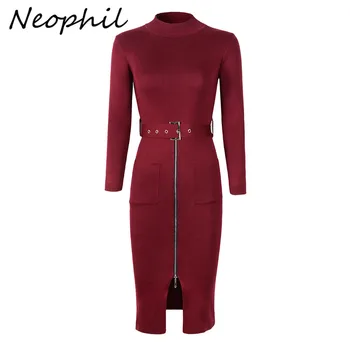 Neophil Koo Midi Naiste Kleidid 2020. Aasta Talvel Vintage Ees Tõmblukk Tiivad Tasku Pikad Varrukad kõrge kaelusega Mantel, Elastne Kleit D29A2