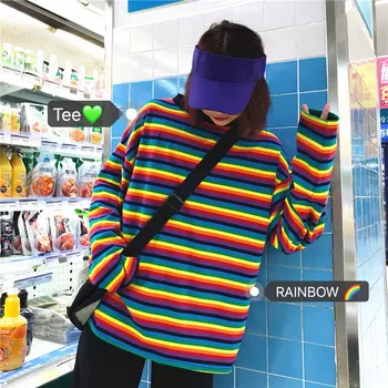 NiceMix tshirt naiste o-kaeluse tees särk pikad varrukad Harajuku streetwear korea Põhjuslik lahti vikerkaar triibuline T-särk naistele