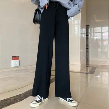 Nomikuma Naiste Kootud Lai Jalg Püksid korea Tahke Põhjuslik Pikad Püksid Pits Üles Venitada Kõrge Vöökoht Kampsun Püksid Feminimos 6D027