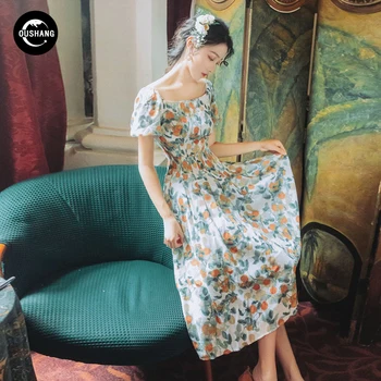OUSHANG prantsuse Vintage Retro Floral Print Sifonki Kleit 2020 Naiste Kevad/Suvi Seaside Holiday Beach Haldjas kleit Naine