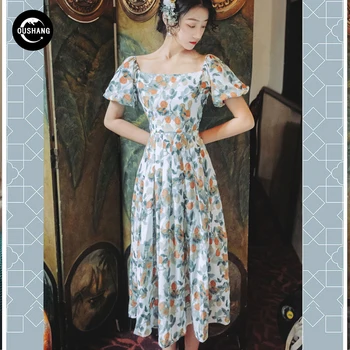 OUSHANG prantsuse Vintage Retro Floral Print Sifonki Kleit 2020 Naiste Kevad/Suvi Seaside Holiday Beach Haldjas kleit Naine