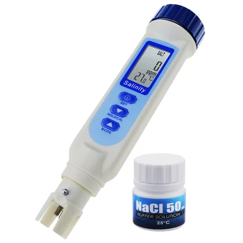 Pen Tüüpi Soolsus & Temperatuuri Mõõtja ATC kalibreerimislahust Set ppm / ppt / % / S. G. 4 Ühikut Soola NaCl Vee Kvaliteedi Tester
