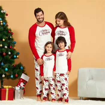 Pere Sobitamine Varustus Pidžaama Komplekt Jõulud Mood Cartoon Prindi Täiskasvanud lapsed Pidžaama komplekt Puuvill Nightwear Sleepwear Punane Pyjama