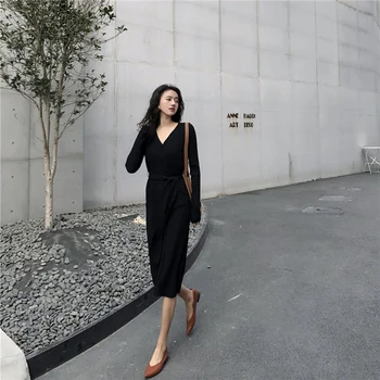 Pikad Varrukad Naiste Kleit Kudumise V-Kaeluse Elegantne Seksikas Tahke Streetwear Slim Kõik-mängu Casual Naiste Riided korea Retro Trendikas