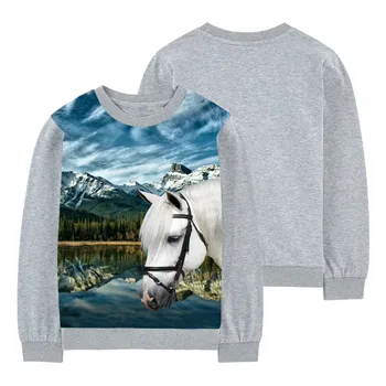 Poiss ja tüdruk valge hobune Print uus kevad Looduse Realistlik Tees Lahe poisid tüdrukute t-särk Mood Poisid pika Varrukaga t-särgid