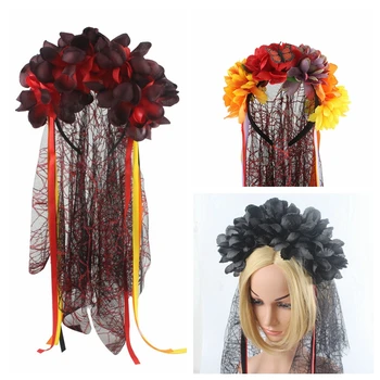 Päeval Surnud Loor Laip Pruut Hairband Mehhiko Fancy Kleit Roosa Lillega Peapael Naiste Halloween Kostüüm Tarvik
