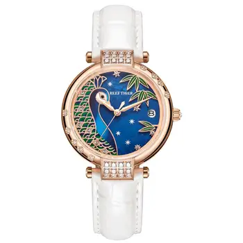 Reef Tiger / RT Luxury Gold Watch Automaatne Kuupäev Vaadata Veekindel Ehtne Nahk Vaadata Relogio Feminino RGA1587
